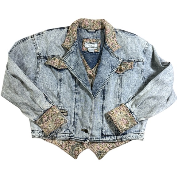 Jackets & Blazers - Vintage S.B.II Acid Wash Denim Jacket Floral Trim Cropped 80s 90s RARE! Size‎ M